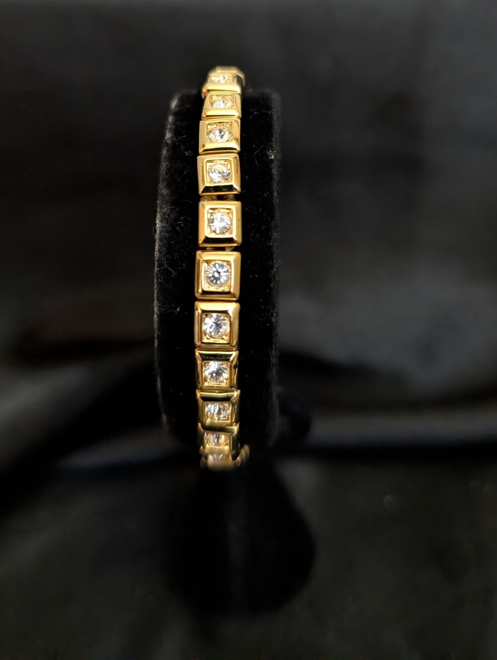 80s Neiman Marcus Gold Plated and Clear Crystal Station Stretch Bracelet